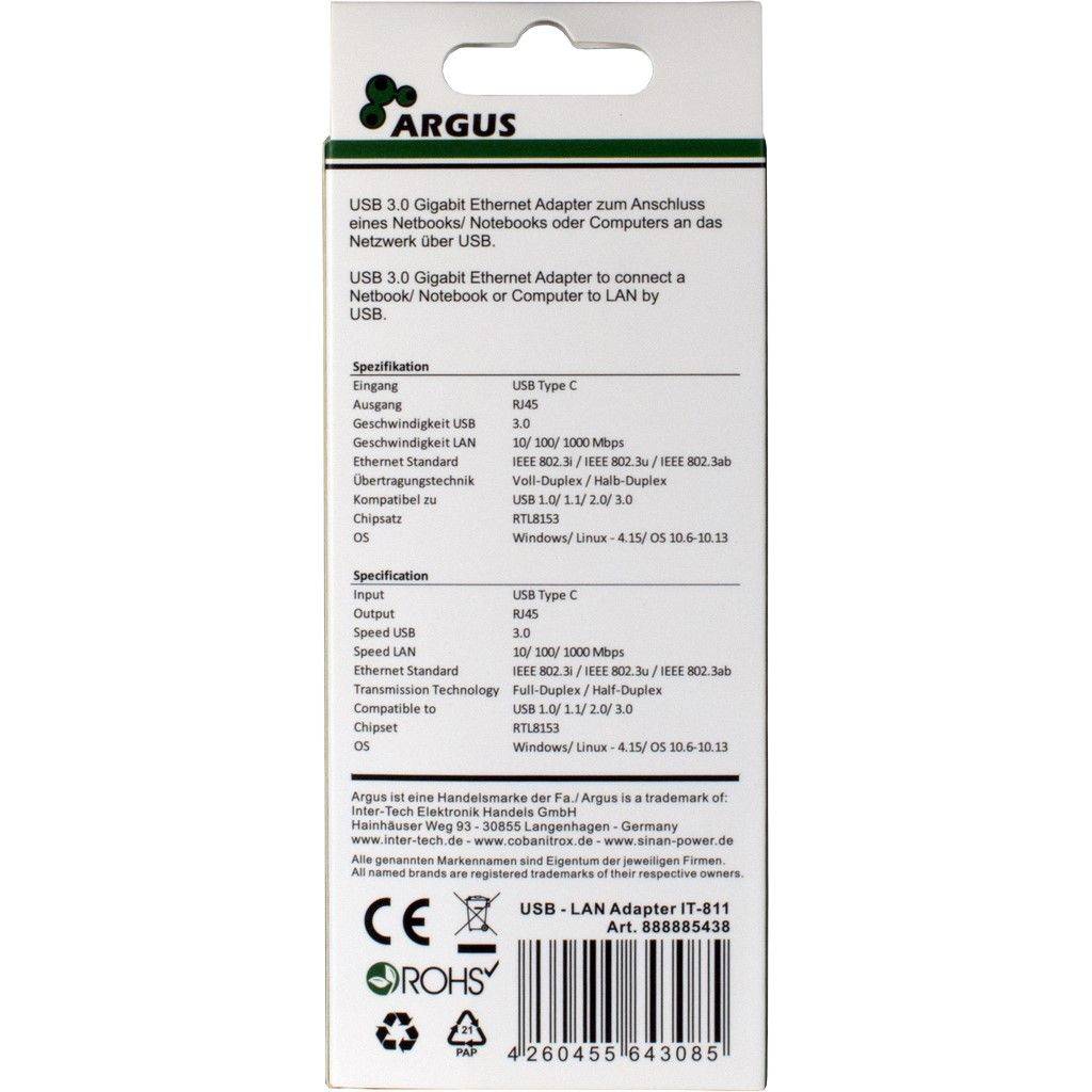 INTER-TECH - Argus IT-811 - Netzwerkadapter - USB-C - Gigabit Ethernet