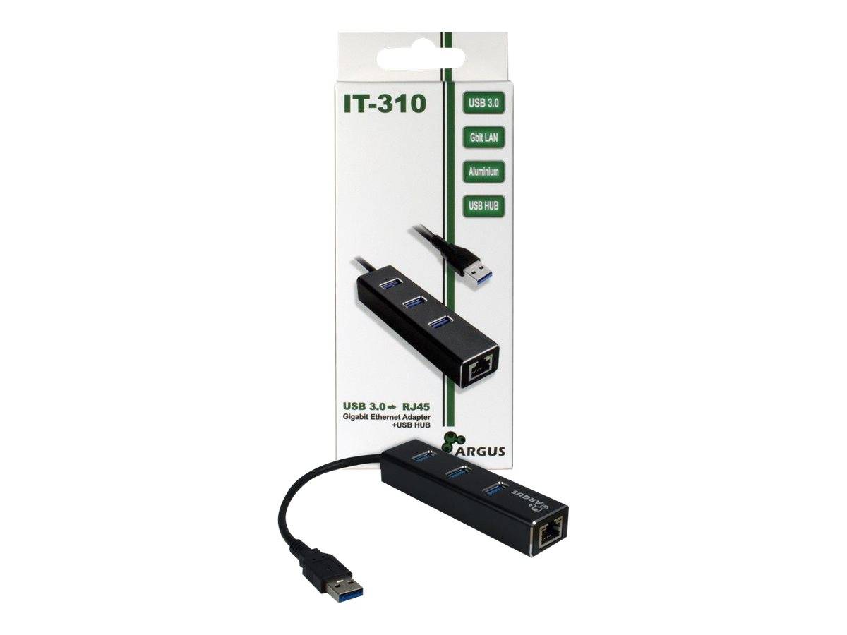Produktfoto eines ARGUS IT-310 USB 3.0 zu RJ45 Gigabit-Ethernet-Adapters mit angeschlossenem USB-Kabel, dargestellt in der Verpackung.