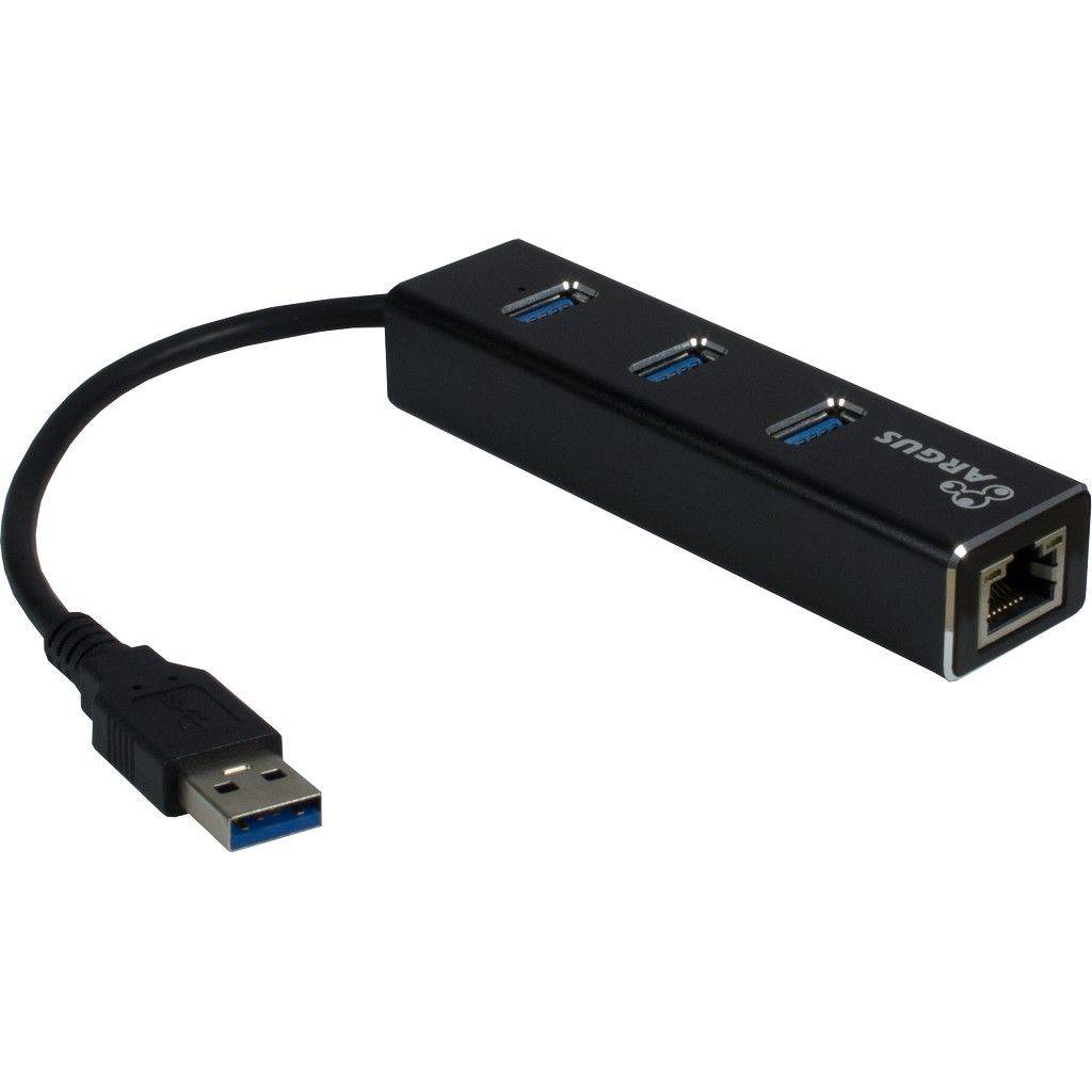 USB 3.0 Hub-Adapter mit drei USB-Anschlüssen, einem USB-A-Stecker und einem Ethernet-Anschluss.