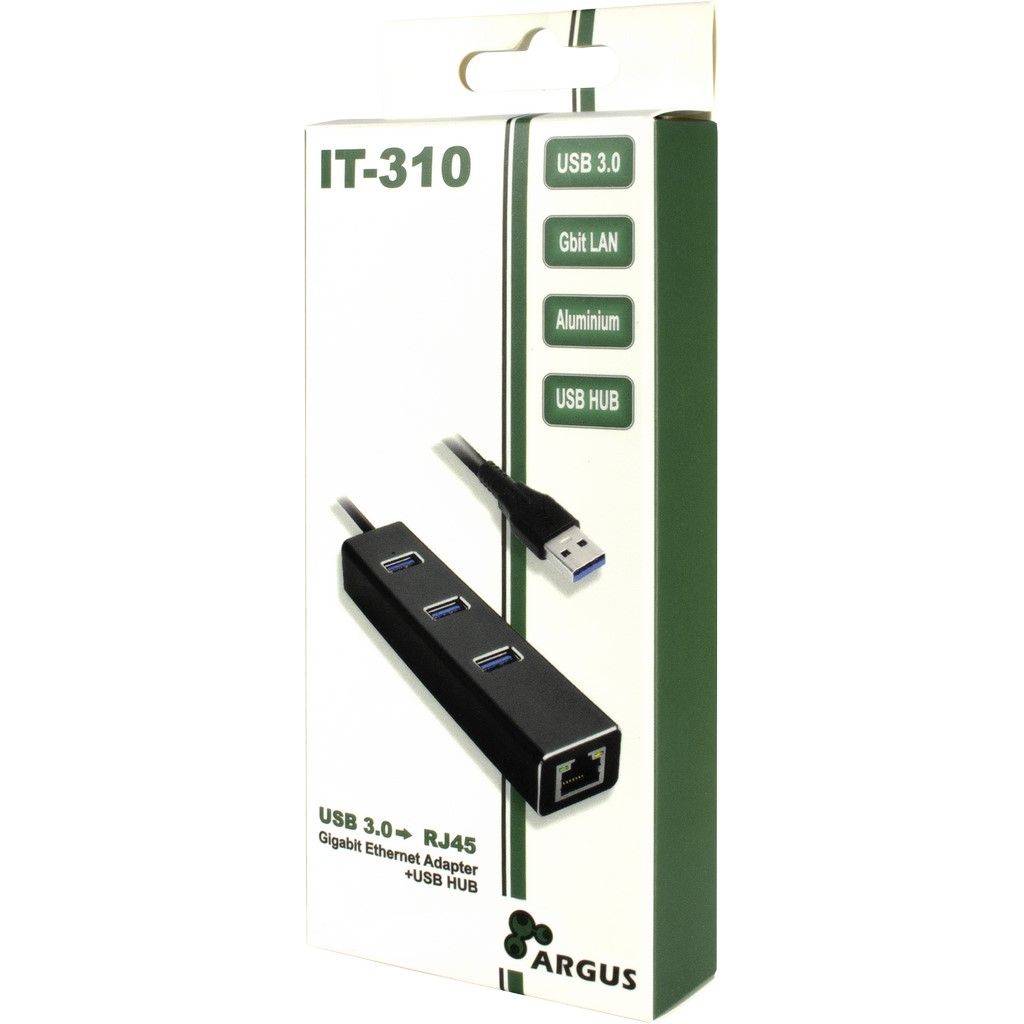 Produktverpackung für ARGUS IT-310 USB 3.0 RJ45 Gigabit Ethernet-Adapter mit USB-Hub, zeigt den schwarzen Adapter und USB-Stecker.