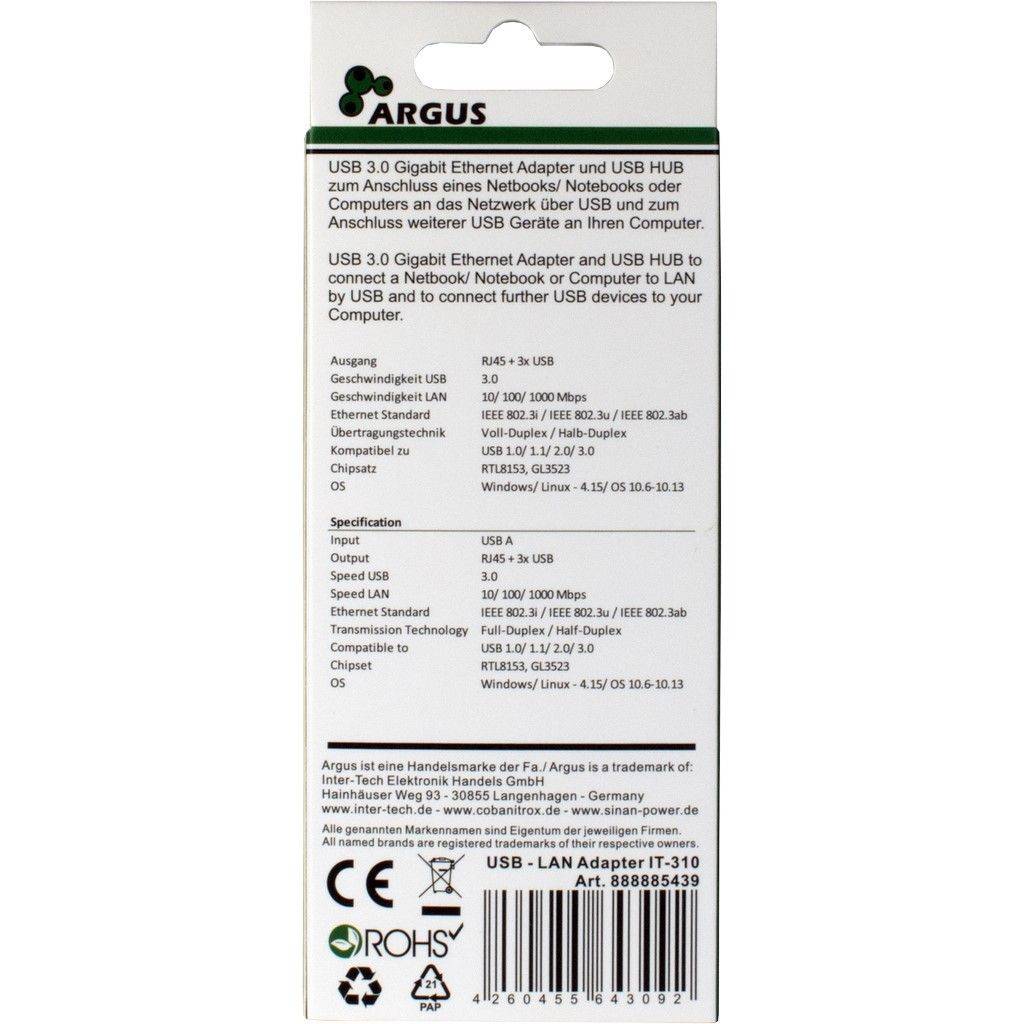 Argus USB 3.0 Gigabit Ethernet-Adapter und USB-Hub-Paket mit Produktspezifikationen, Kompatibilitätsdetails und Barcode auf der Rückseite.
