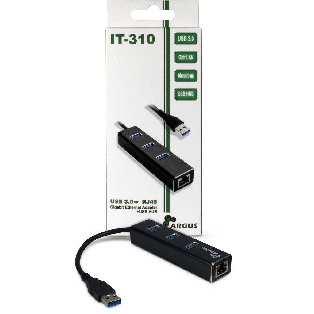 Boxed Argus IT-310 USB 3.0 bis Gigabit Ethernet RJ45-Adapter mit USB-Hub, gezeigt mit dem schwarzen Adapter und angeschlossenem Kabel.