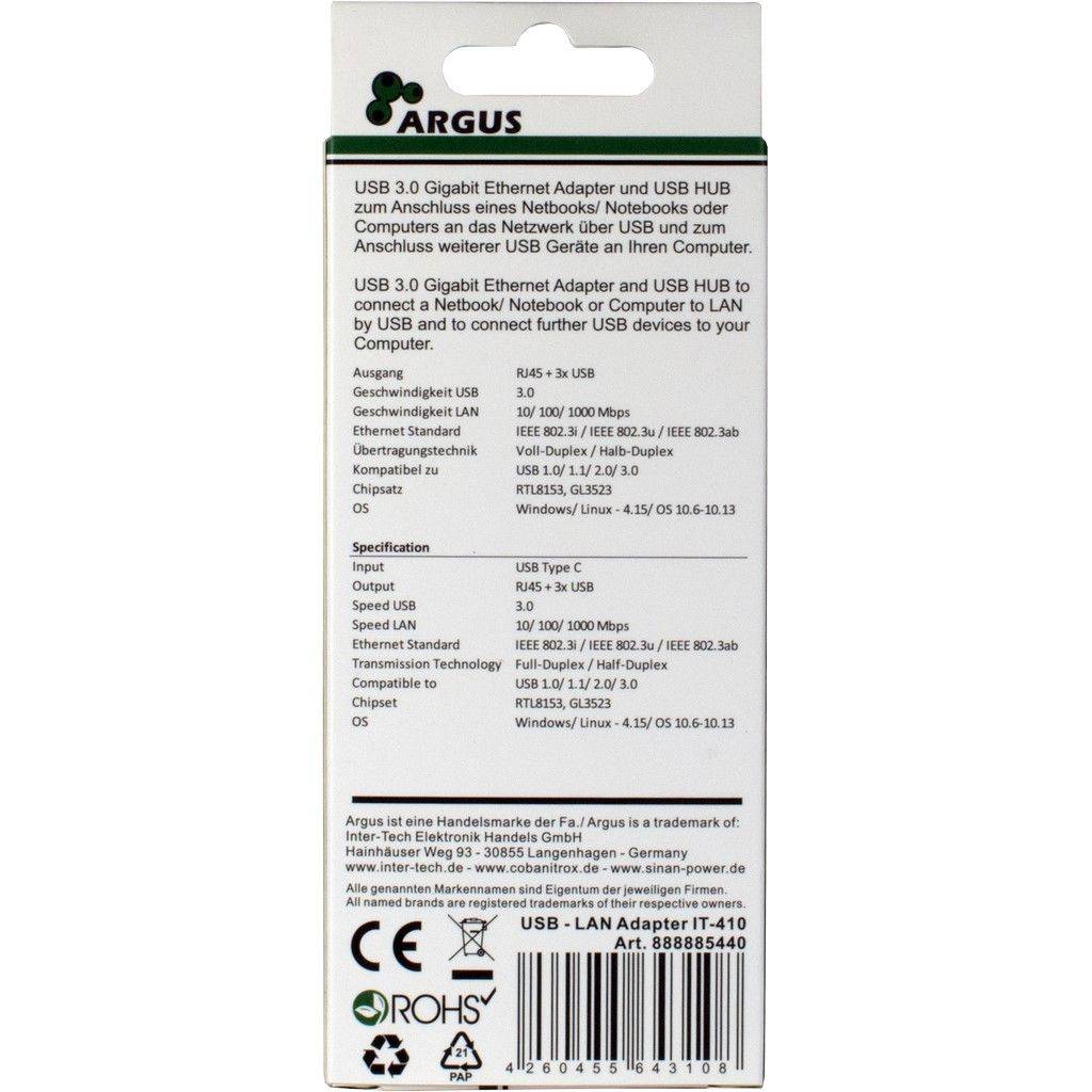 INTER-TECH - Argus IT-410 - Hub - 3 x SuperSpeed USB 3.0 + 1 x 10/100/1000