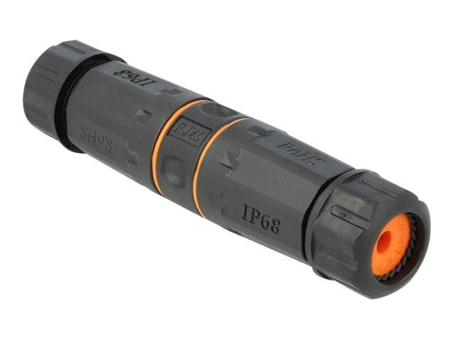 Grauer zylindrischer wasserdichter Steckverbinder mit orangefarbenem Dichtungsring und Steckeröffnungen an beiden Enden.