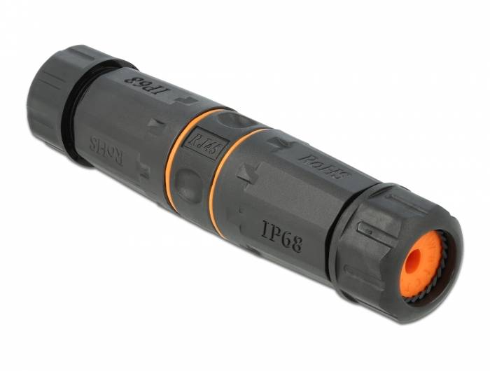 Schwarzer wasserdichter Kabelstecker mit orangefarbenen Dichtungen auf weißem Hintergrund.