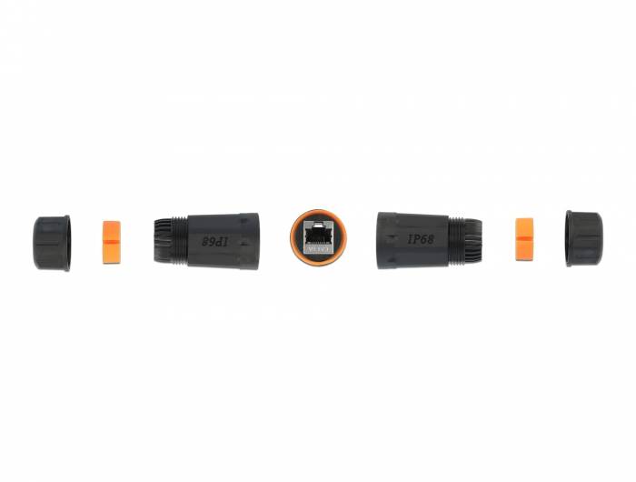 Explodierte Darstellung eines wasserdichten Ethernet-Kabelsteckers, der die schwarzen Endkappen, orangefarbenen Dichtungen und den RJ45-Anschluss in der Mitte zeigt.