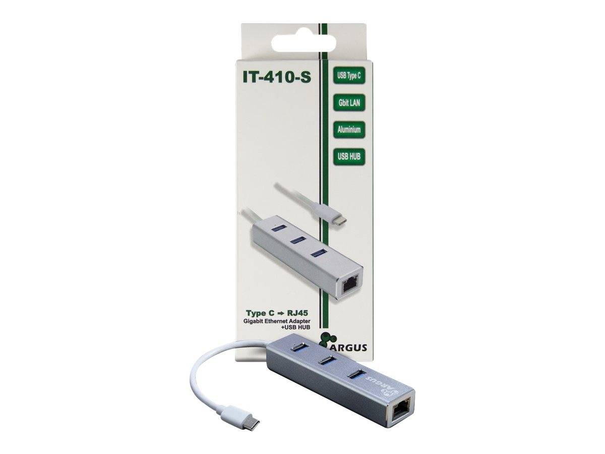 Typ C zu RJ45 Gigabit Ethernet Adapter Verpackung. Merkmale USB Typ-C, Gbit LAN, Aluminiumgehäuse, USB-Hub-Anschlüsse, von Argus.