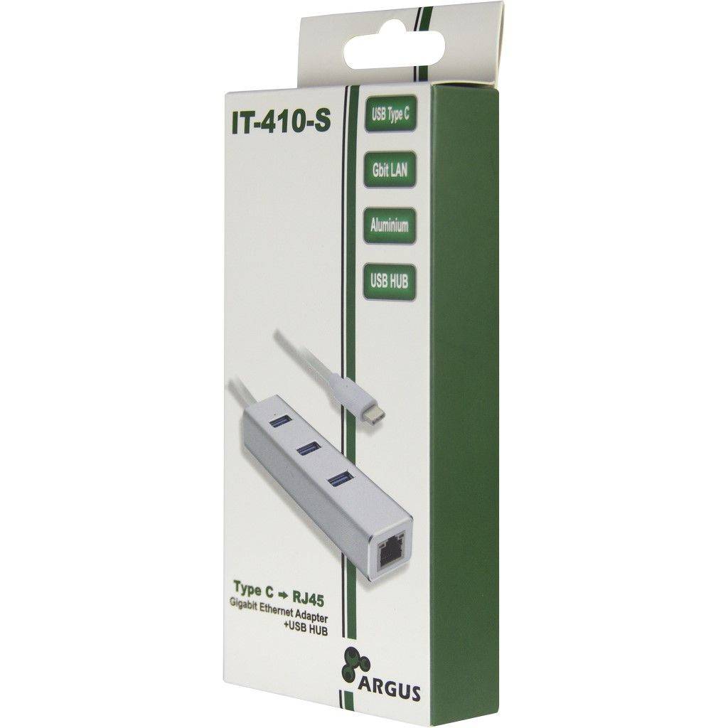 IT-410-S' USB Type C zu RJ45 Adapter-Paket mit Gigabit-LAN und USB-HUB in Aluminium-Design von Argus.