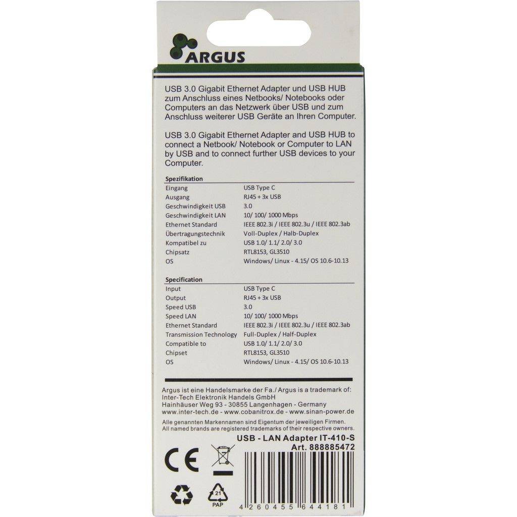 INTER-TECH - Argus IT-410-S - Hub - 3 x SuperSpeed USB 3.0 + 1 x 10/100/1000