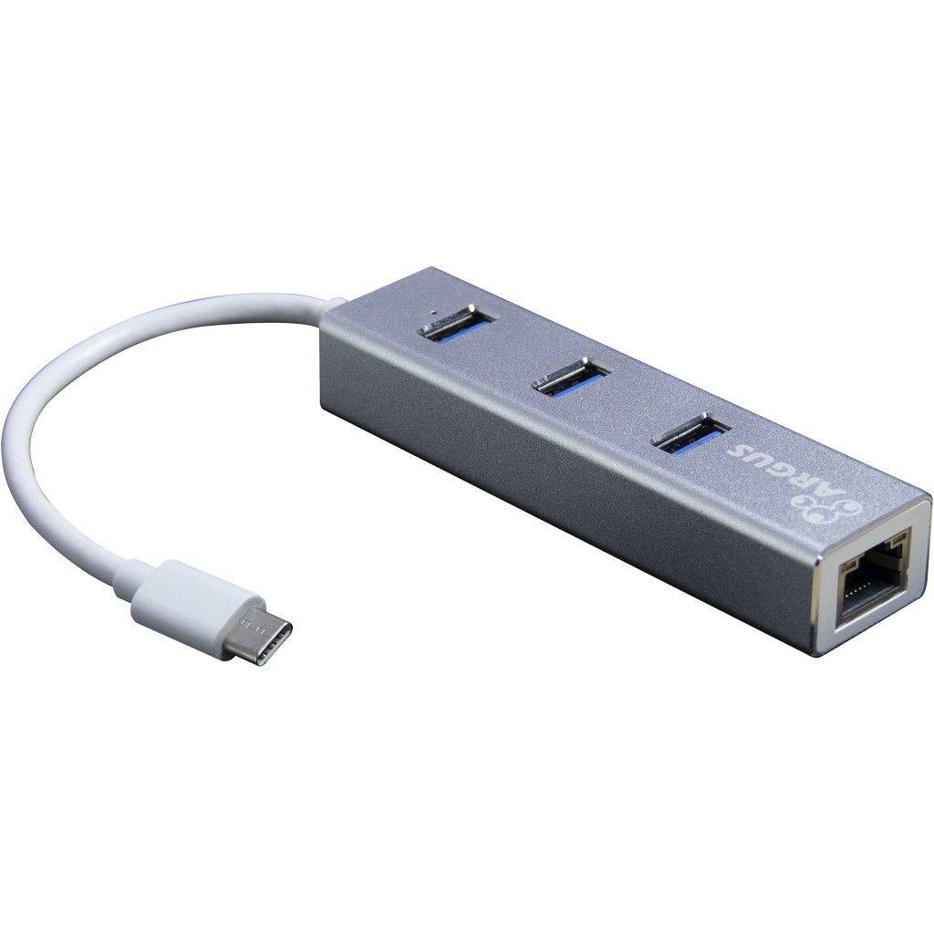 Ein silberner USB-C-Hub mit drei USB-Anschlüssen und einem Ethernet-Anschluss.