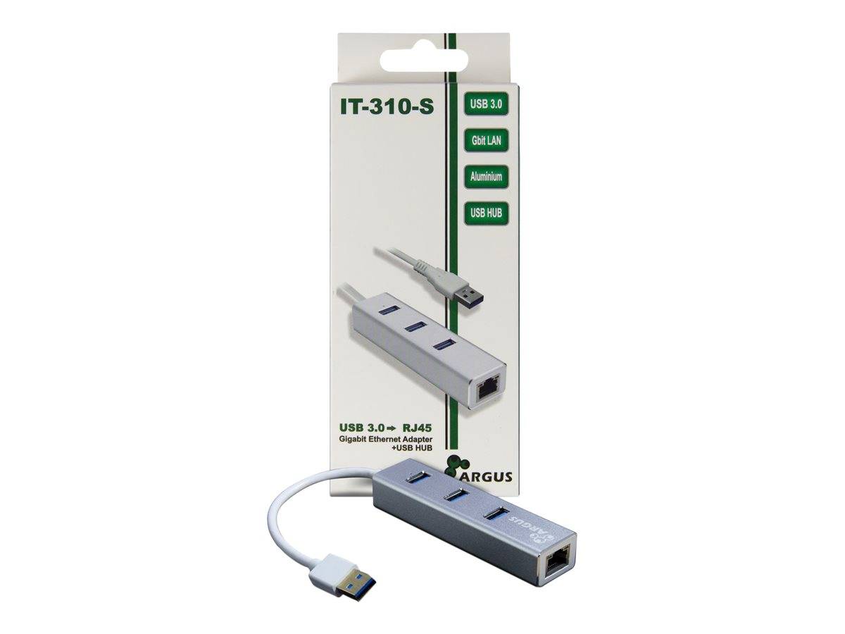 IT-310-S USB 3.0 zu Gigabit Ethernet Adapter und USB-Hub-Paket mit Produktabbildung und Funktionen: USB 3.0, Ethernet, USB-Hub.