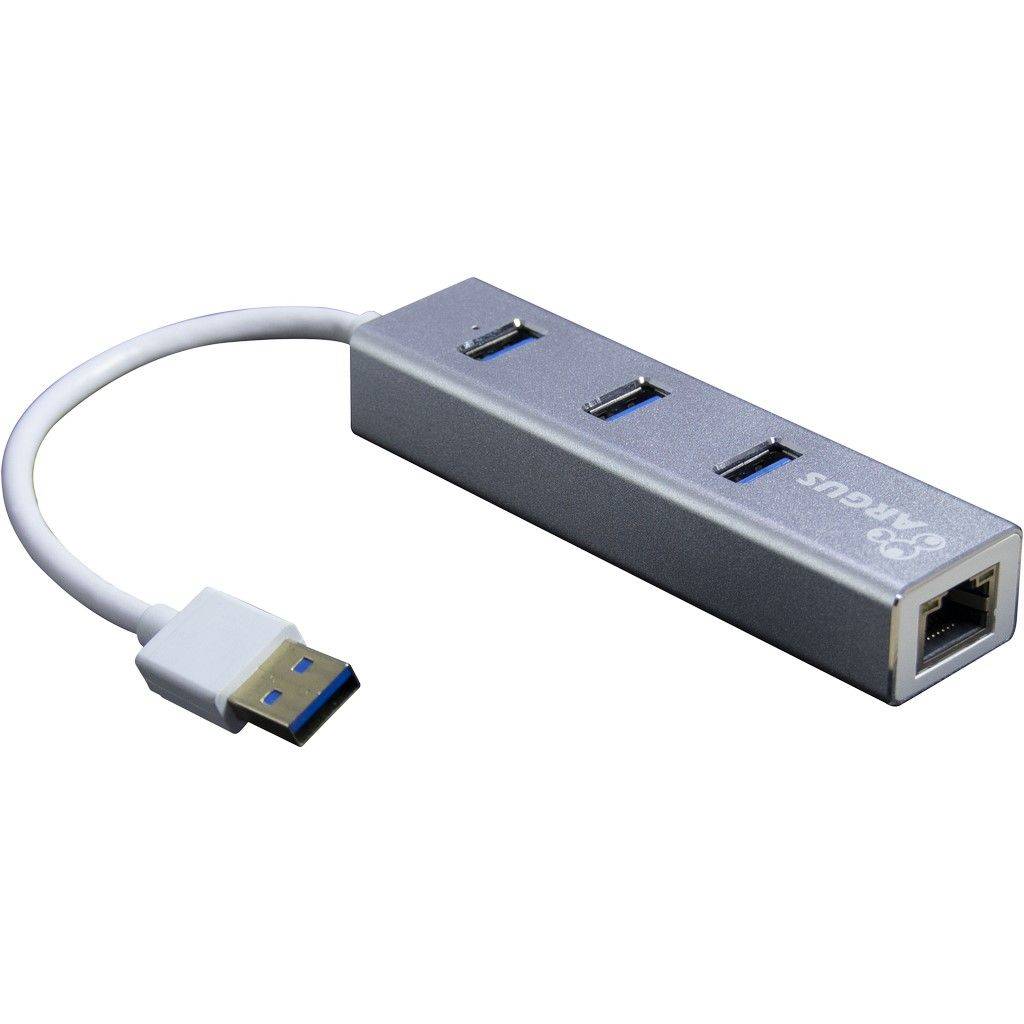 Ein silberner USB-Hub mit drei USB-3.0-Anschlüssen und einem Ethernet-Port an einem kurzen weißen Kabel, entwickelt zur Erweiterung der Konnektivitätsmöglichkeiten.