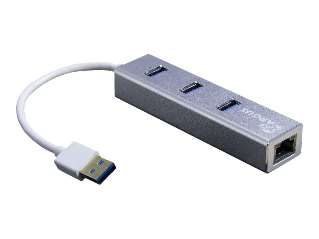 Ein silberner USB-Hub mit vier USB-Anschlüssen und einem weißen Kabel.