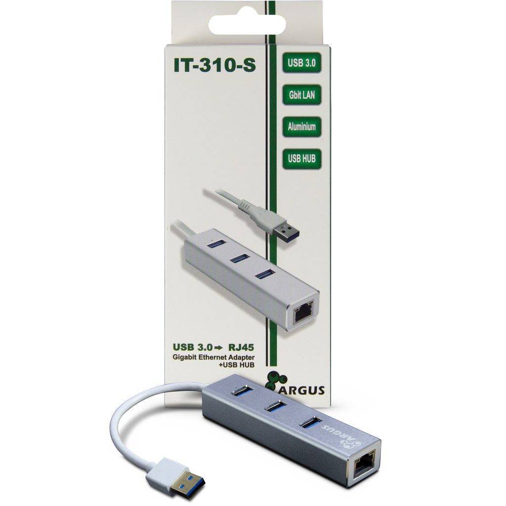 Ein USB 3.0 Hub mit drei Anschlüssen und einem Ethernet-Adapter. Die Verpackung zeigt das Produkt und hebt Merkmale wie Gigabit-LAN hervor.
