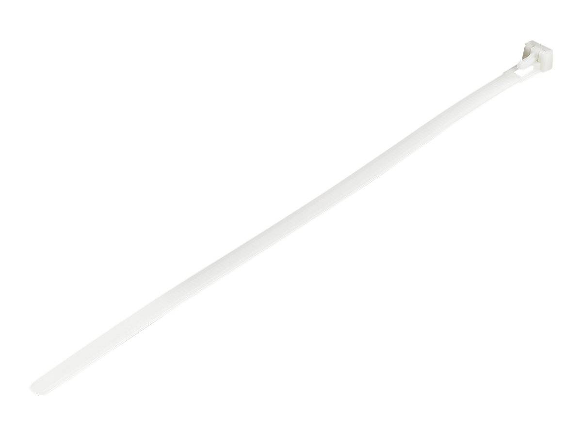 Weiße Kunststoffkabelbinder diagonal auf einem einfachen weißen Hintergrund dargestellt.