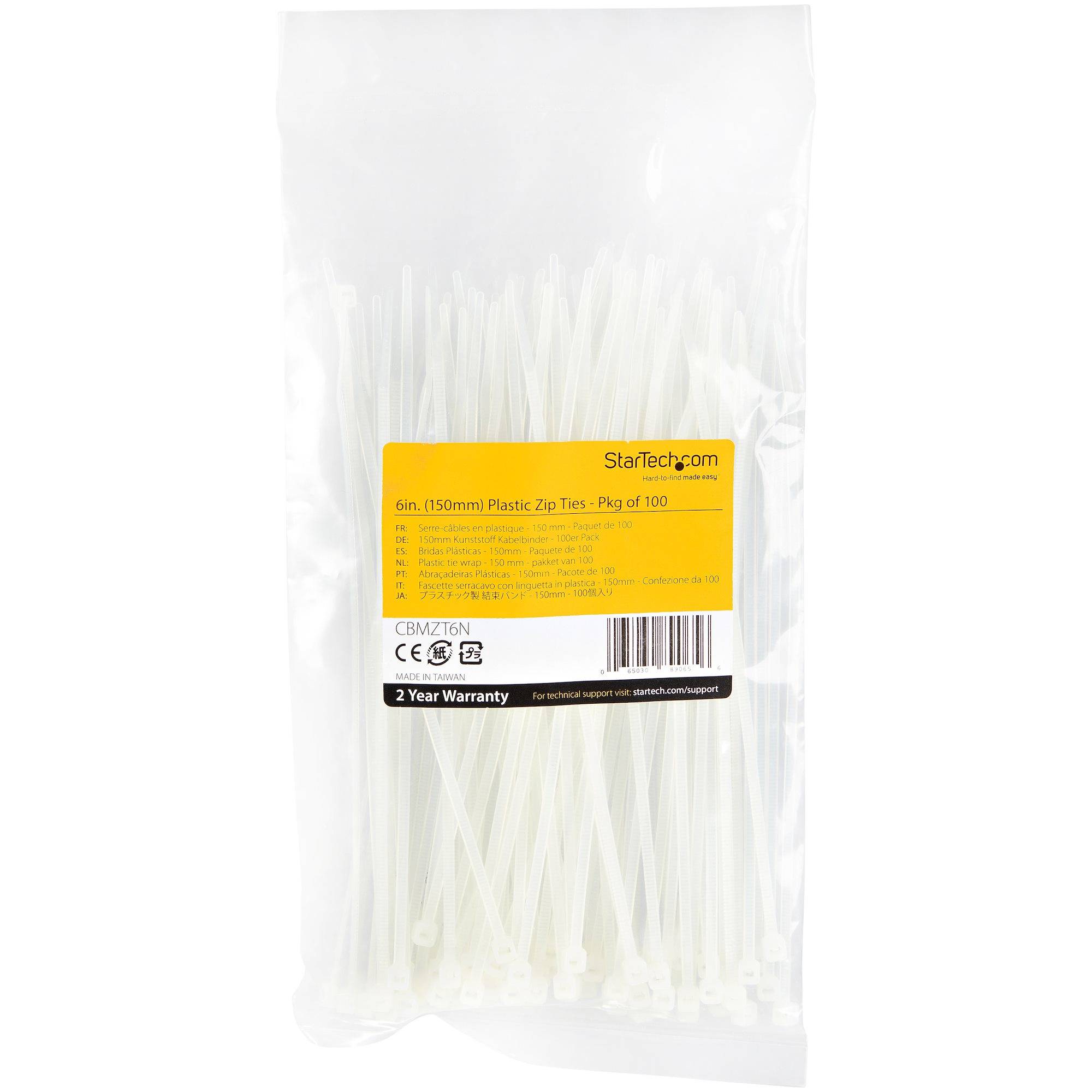 StarTech.com 15cm(6"") Cable Ties, 3mm(1/8"") wide, 39mm(1-3/8"") Bundle Diameter, 18kg(40lb) Tensile Strength, Nylon