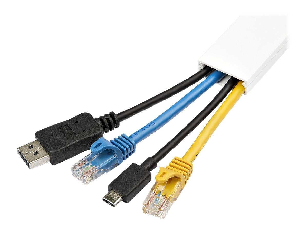 Ein weißer Adapter verzweigt sich in vier Kabel mit USB-A-, Ethernet-, USB-C- und Ethernet-ähnlichen Anschlüssen, gezeigt auf einem einfachen Hintergrund.