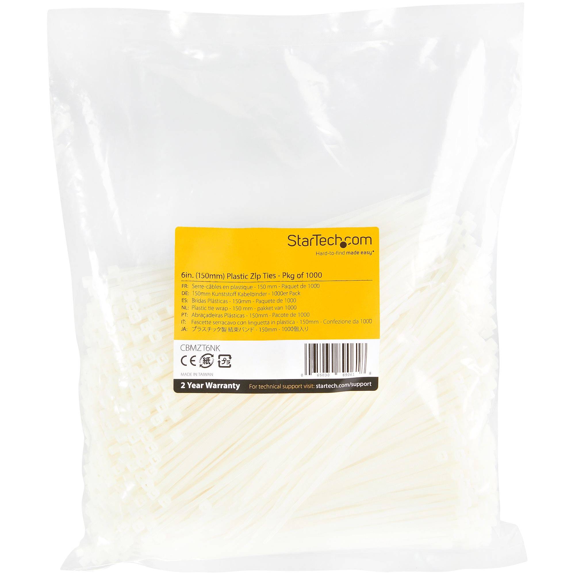 StarTech.com 15cm(6"") Cable Ties, 3mm(1/8"") wide, 39mm(1-3/8"") Bundle Diameter, 18kg(40lb) Tensile Strength, Nylon