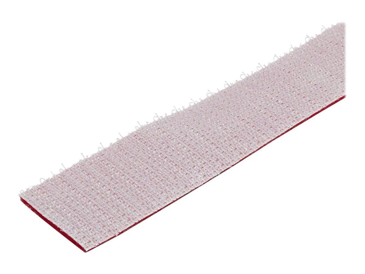 Nahaufnahme eines langen rechteckigen rot-weißen Klettverschlussstreifens auf weißem Hintergrund, diagonal angezeigt.