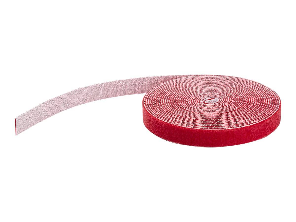 Eine rote Rolle Klettverschlussband mit einem Ende, das auf weißem Hintergrund abgerollt ist.
