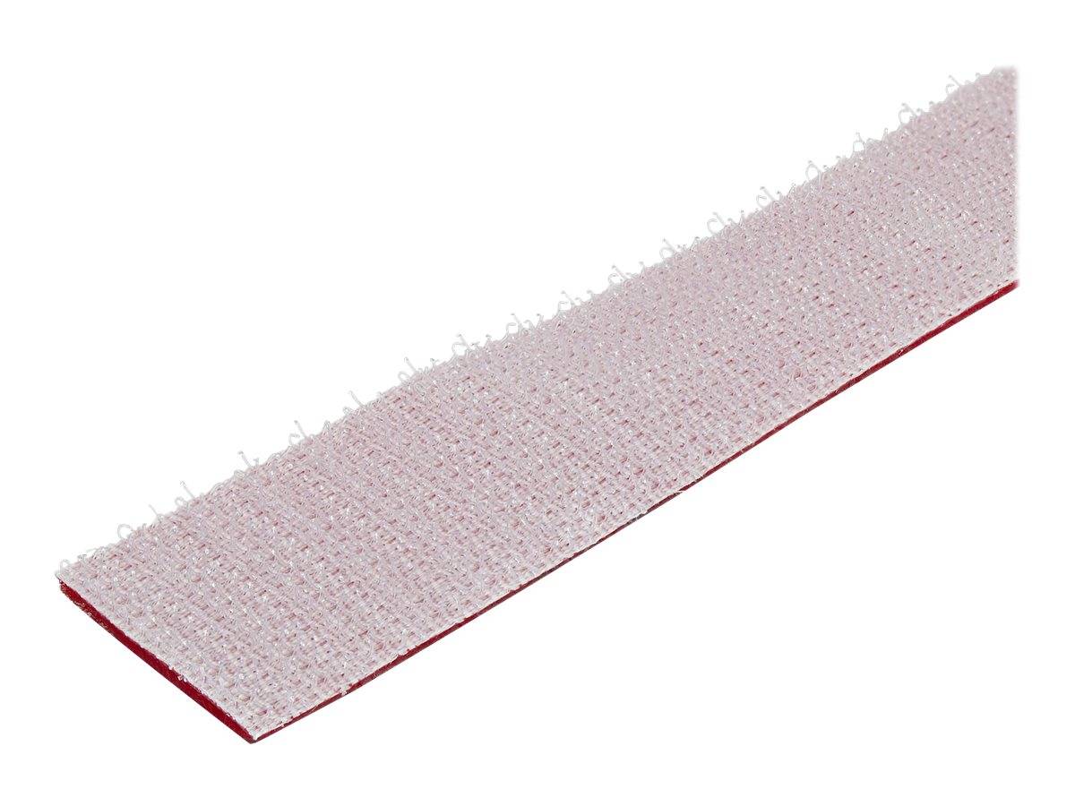 Ein rechteckiger Streifen aus weißem Klettbandmaterial mit roter Rückseite, dargestellt auf einem einfachen weißen Hintergrund.