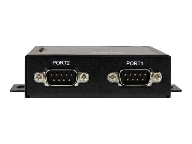 Schwarze Dual-Seriell-Schnittstellenadapterbox mit zwei DB9-Anschlüssen mit den Bezeichnungen PORT2 und PORT1.