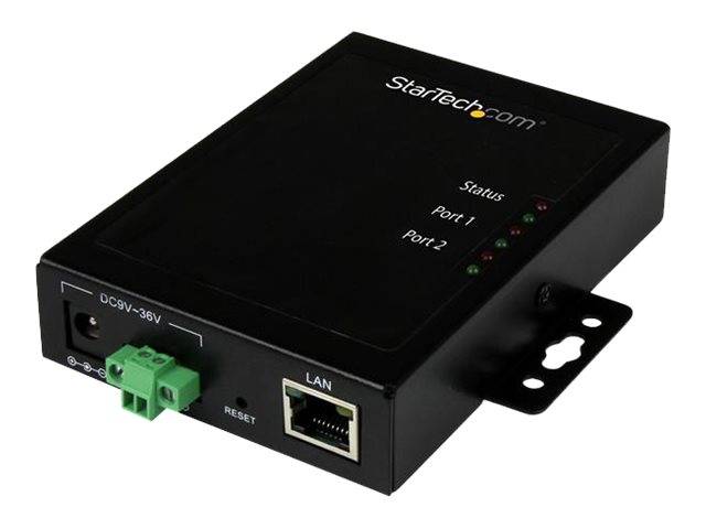 Black StarTech Netzwerkgerät mit DC-Stromeingang, LAN-Anschluss, Reset-Taste, Status-LEDs und Montageklammer.
