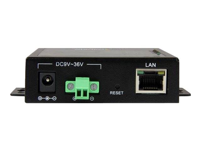 Schwarzes Netzwerkgerät mit Frontplatte, DC9V-36V Stromeingang, grünem Anschlussterminal, Reset-Taste und LAN-Ethernet-Anschluss.