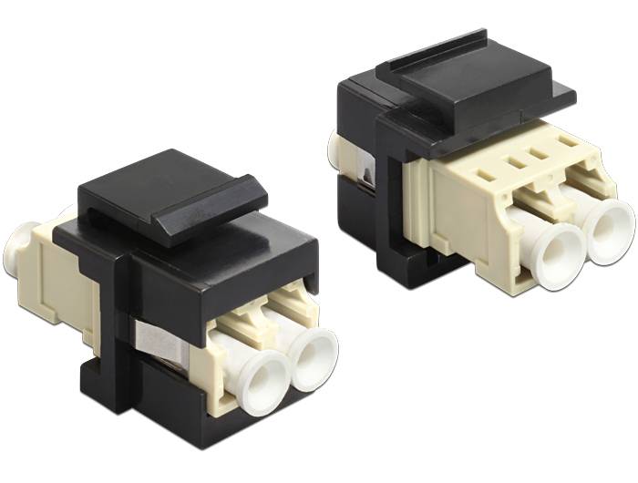 Zwei schwarze und cremefarbene Lichtwellenleiter-Steckeradapter mit dualen weißen Anschlüssen, dargestellt auf einem einfachen weißen Hintergrund.