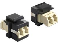 Zwei schwarze und beige modulare Steckverbinder auf weißem Hintergrund, eine Ansicht von vorne und eine angewinkelte Seitenansicht.