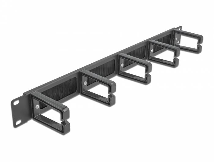 Schwarzes Metall-Wandregal mit fünf rechteckigen Kabel- oder Werkzeughaltern und Befestigungslöchern an beiden Enden, dargestellt auf weißem Hintergrund.