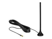 Schwarze Magnetfuß-Antenne mit langem vertikalem Mast und angebrachtem Koaxialkabel.