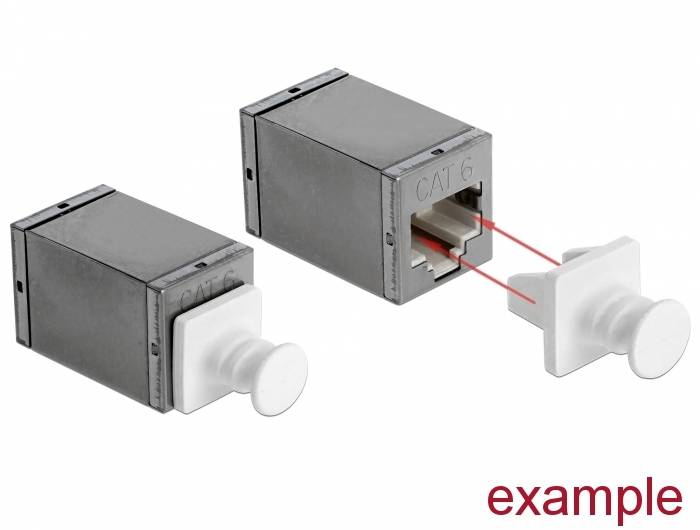 CAT 6 Keystone-Jack-Modul mit weißem Punch-Down-Stecker eingeführt; ein Stecker vollständig montiert dargestellt und ein anderer mit entferntem Stecker als Beispiel.