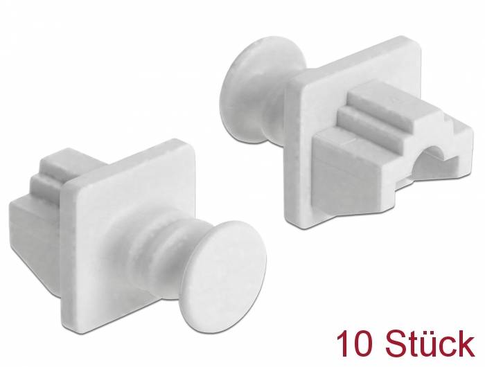 Packung mit 10 weißen Kunststoff-Wanddübeln oder -Clips, dargestellt in zwei Ansichten auf einfachem Hintergrund, mit deutschem Text „10 Stück