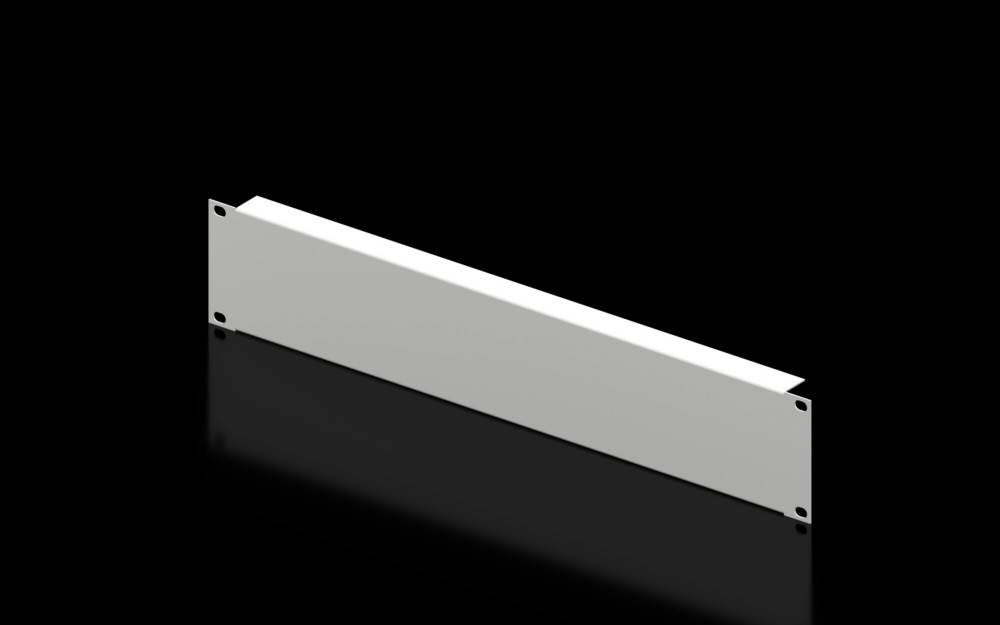 Ein leerer, weißer 1U-Rackeinschub mit vier Befestigungslöchern in den Ecken vor schwarzem Hintergrund.