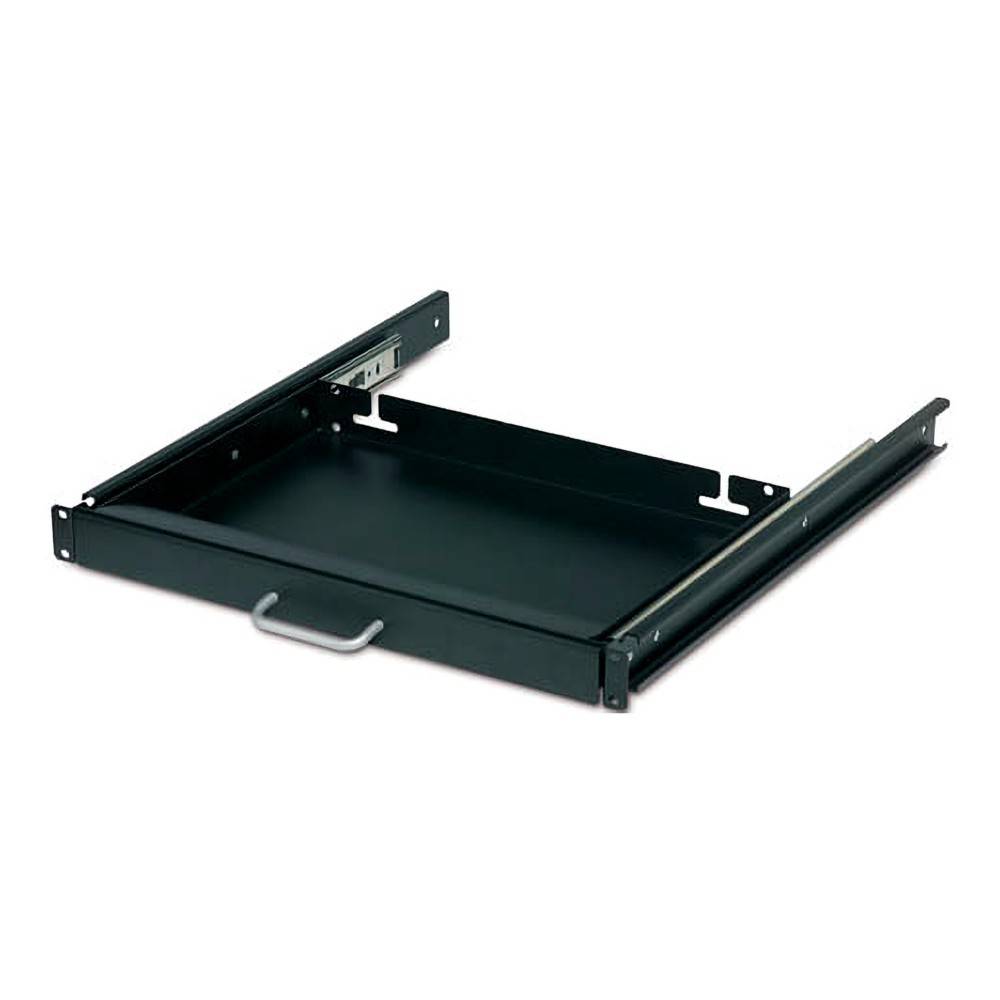 Schwarzes Ausziehregal mit Griff, konzipiert für den Einbau in Serverständer oder Schränke, das einen einfachen Zugriff auf gelagerte Gegenstände ermöglicht.