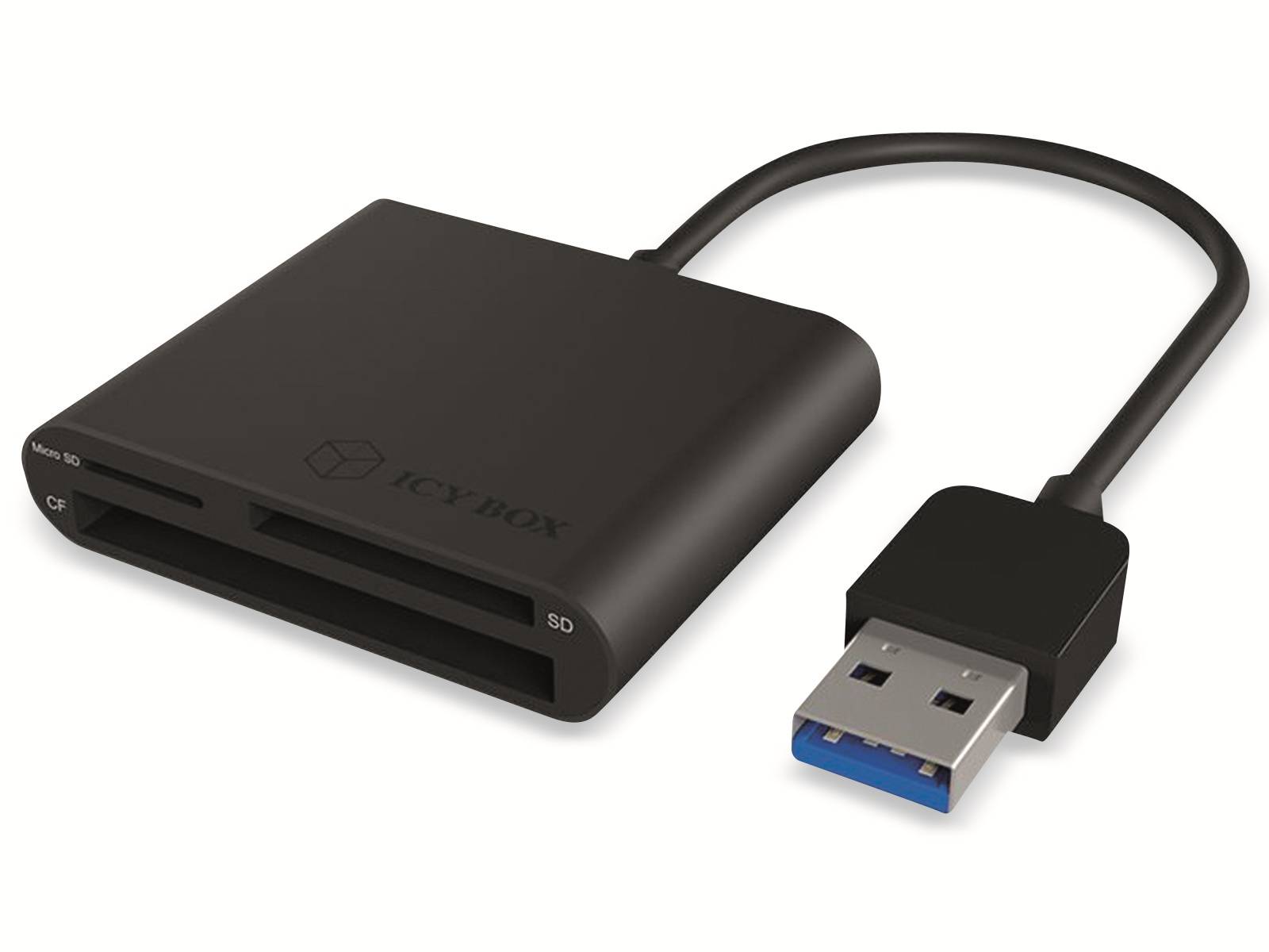 Ein Kartenlesegerät in Schwarz mit USB 3.0-Anschluss, das Steckplätze für SD-, microSD- und andere Speicherkarten bietet.