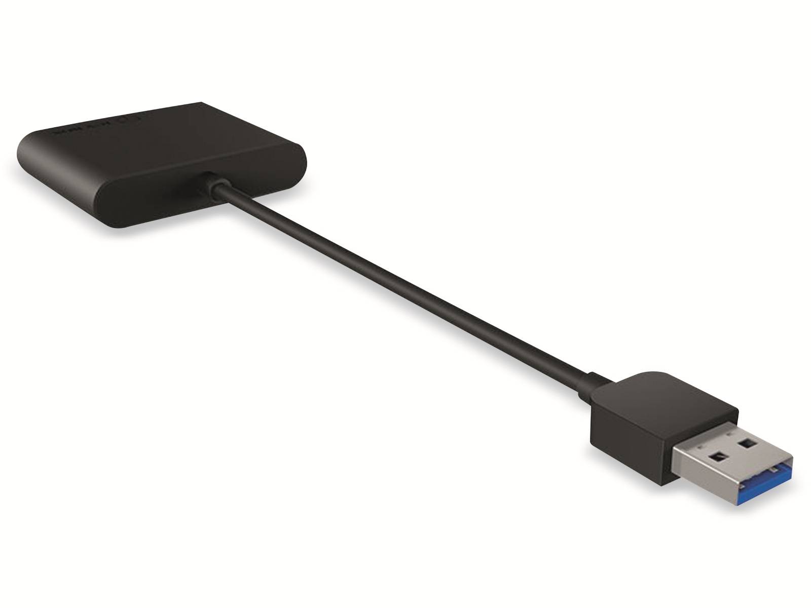 Ein schwarzer HDMI-zu-USB-C-Adapter mit einem Kabel, das die beiden Anschlüsse verbindet.
