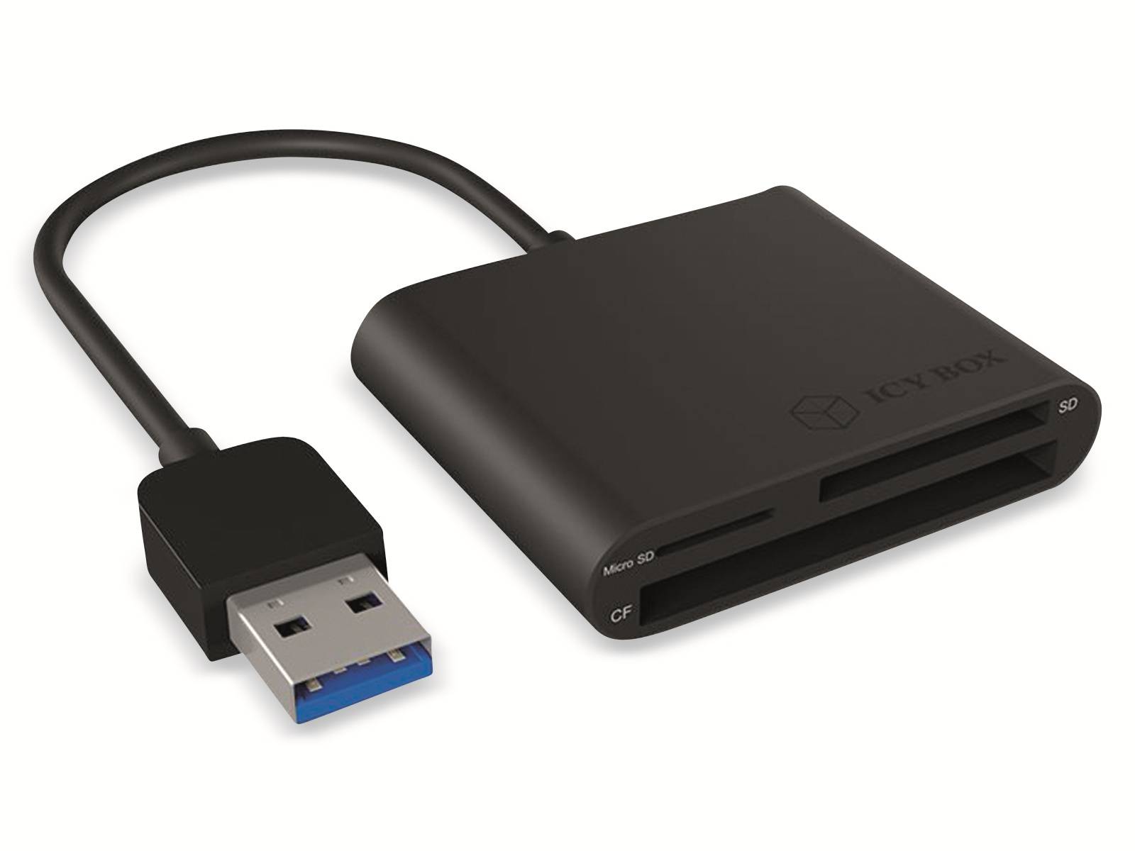 USB 3.0 Kartenleser mit Steckplätzen für Micro SD und CF-Karten, verbunden durch ein kurzes Kabel, mit Icy Box-Branding.