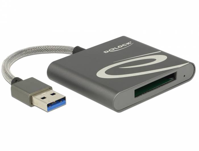USB 3.0 Kartenleser mit angeschlossenem Kabel und einem einzelnen Speicherkartensteckplatz, Marke Delock.