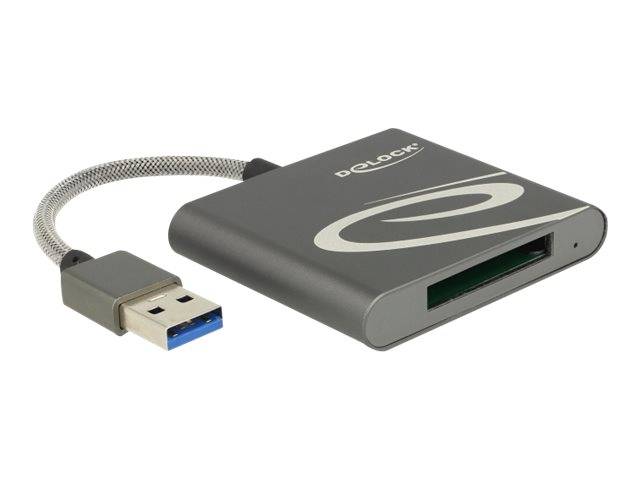 USB-Adapter-Hub mit einem kurzen geflochtenen Kabel und einem einzelnen rechteckigen Anschluss auf einem dunkelgrauen Delock-Gerät.