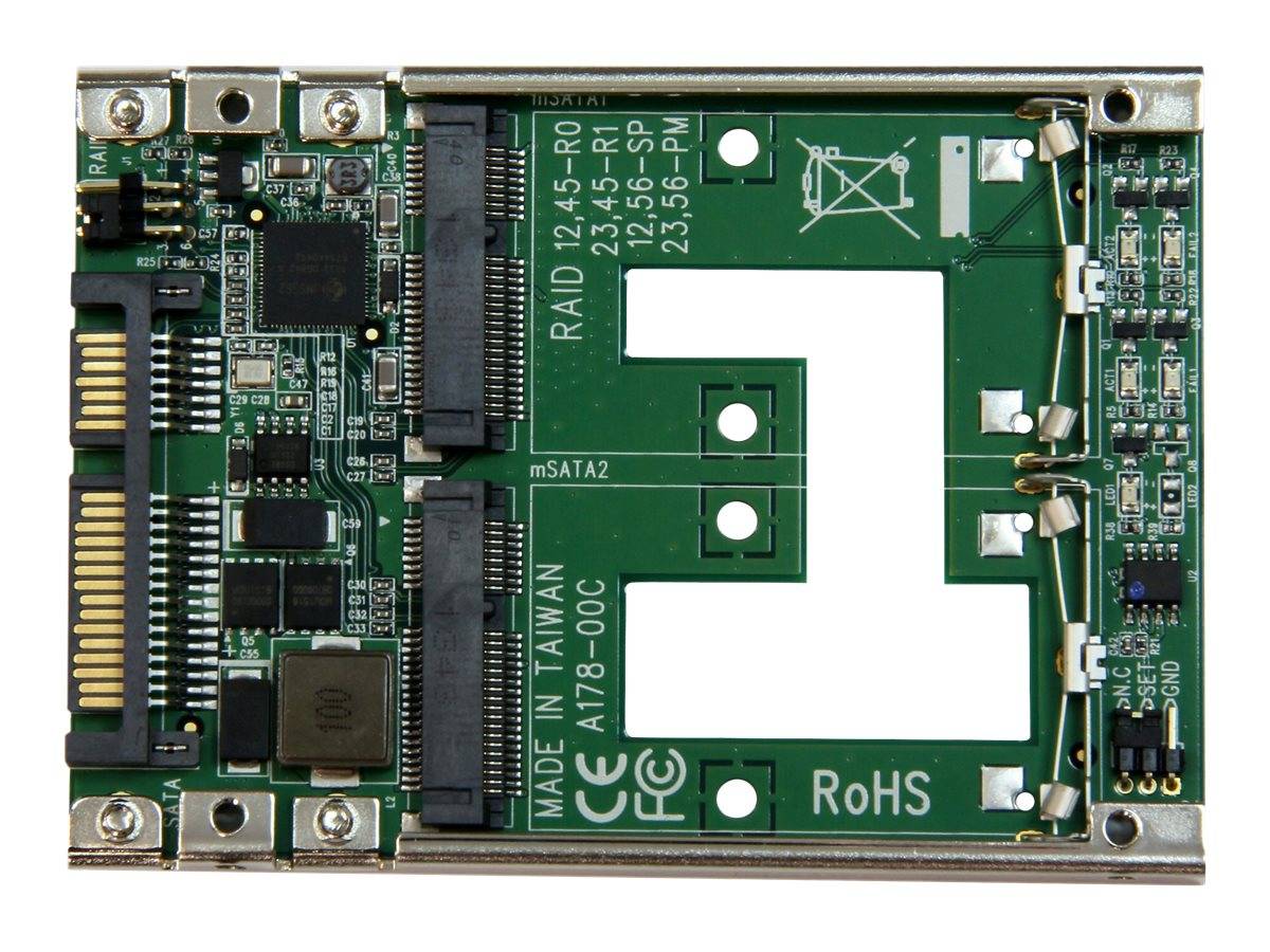 Grüne RAID-Controller-Leiterplatte mit goldenem Kantenverbinder, schwarzen Chips und weißen Montagenullstellen, beschriftet mit „RAID 1" und „RoHS"".