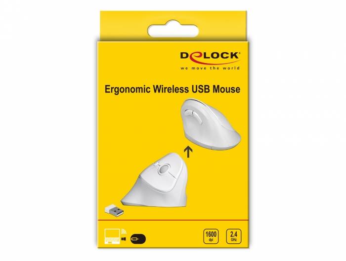 Delock Ergonomic - Vertikale Maus - ergonomisch - Für Rechtshänder - optisch - 6 Tasten - kabellos - 2.4 GHz - kabelloser Empfänger (USB)