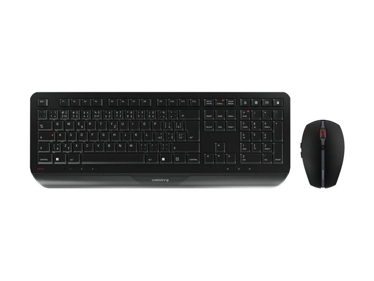 Kabelloses schwarzes Tastatur- und Mausset auf weißem Hintergrund.