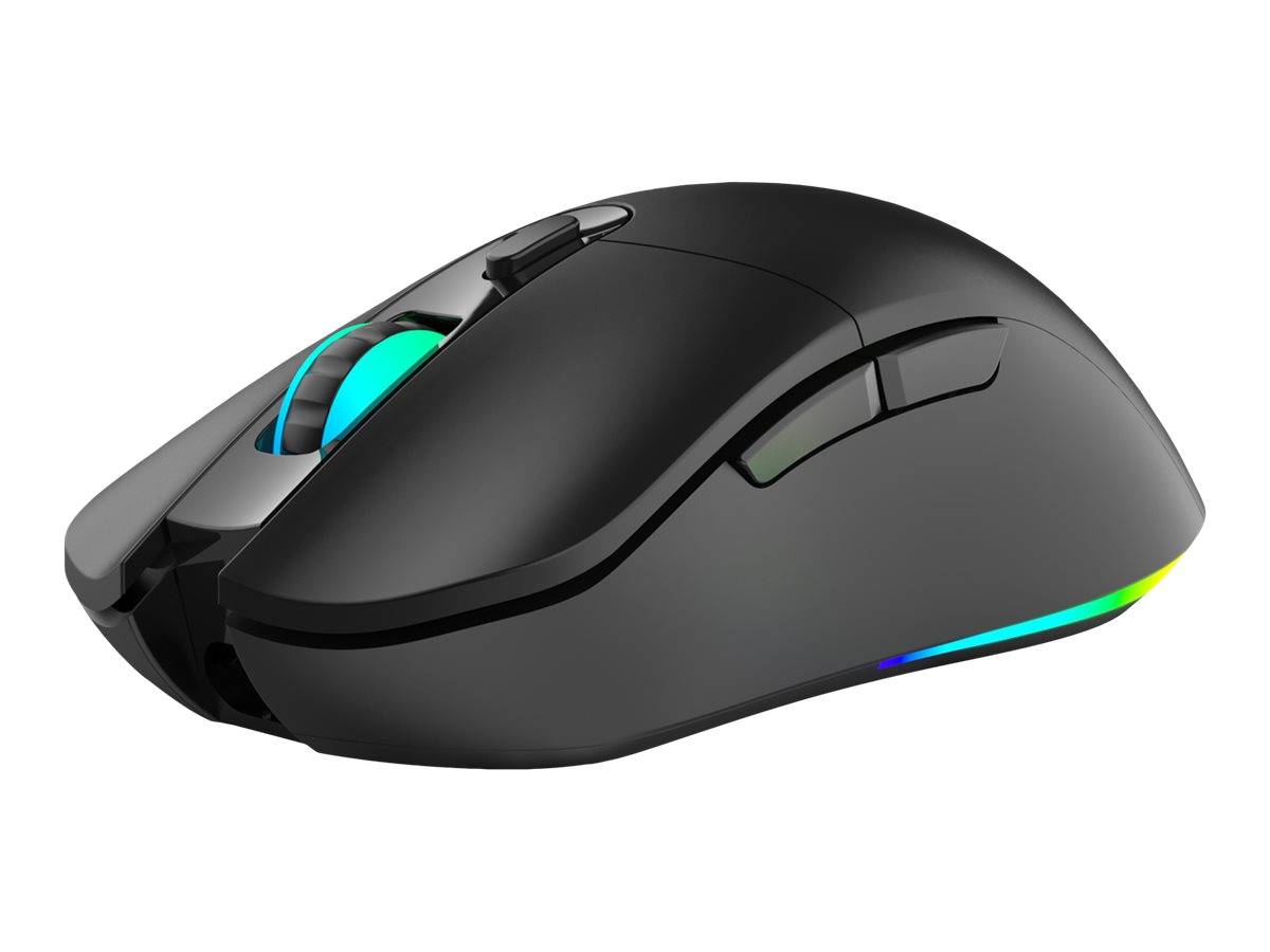 Schwarze kabellose Gaming-Maus mit blaugrün leuchtender Scrollrad und seitlichem Lichtstreifen auf weißem Hintergrund