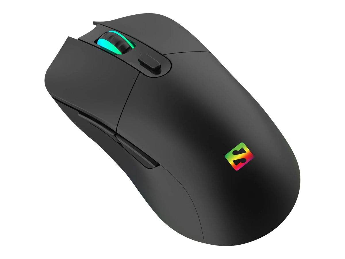 Schwarze kabellose Computermaus mit einem blaugrün beleuchteten Scrollrad und einem kleinen mehrfarbigen Logo oben.