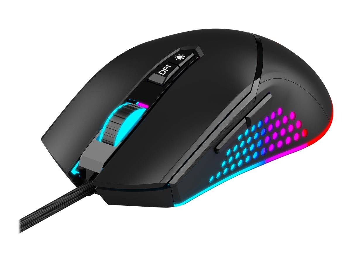 Schwarze kabelgebundene Gaming-Maus mit RGB-Beleuchtung, DPI-Taste und leuchtenden Seitenelementen auf weißem Hintergrund