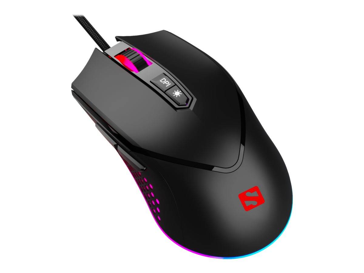 Schwarze kabelgebundene Gaming-Maus mit beleuchteter Scrollrad und Unterseiten-Beleuchtung, mit DPI-Taste und rotem Logo.