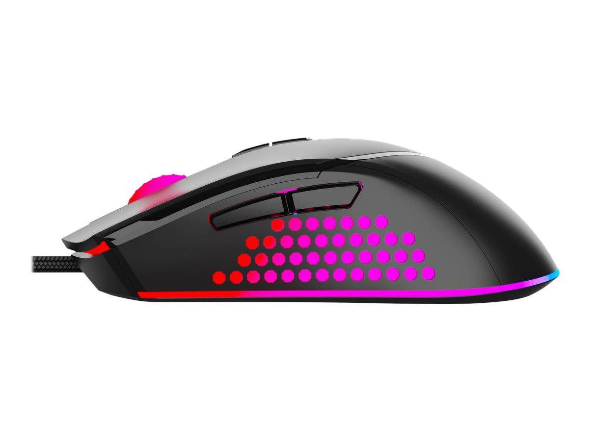 Schwarze kabelgebundene Gaming-Maus mit RGB-LED-Punktmuster in Pink und Rot sowie leuchtenden Lichtleisten an den Seiten und der Unterseite