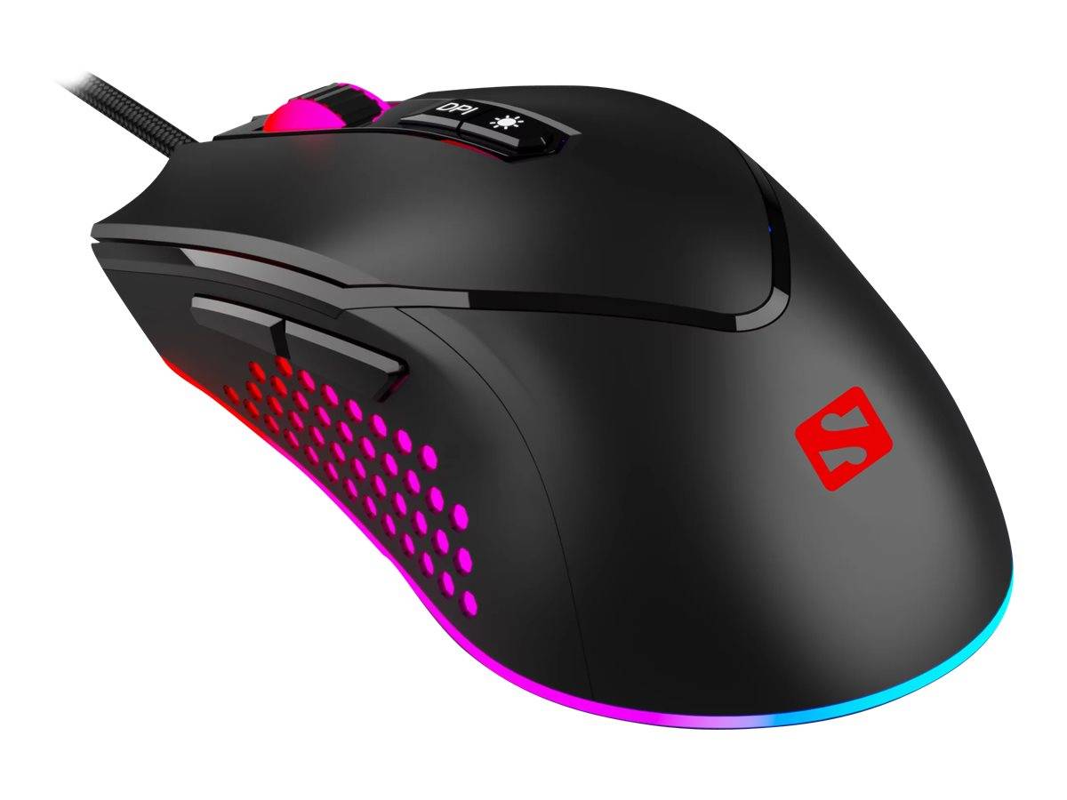 Schwarze kabelgebundene Gaming-Maus mit RGB-Beleuchtung und strukturiertem Seitengriff auf weißem Hintergrund.
